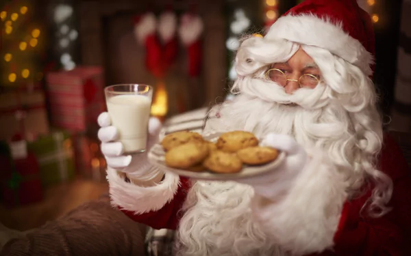 Santa holding cookies and a glass of milk by a cozy fireplace, festive Christmas holiday scene, 5K Ultra HD PC desktop wallpaper/background.