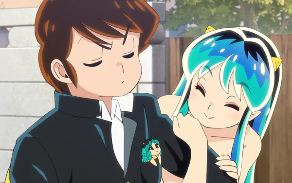HD PC desktop wallpaper featuring Ataru Moroboshi and Lum from the 2022 anime Urusei Yatsura sharing a playful moment outdoors.