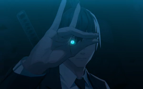 HD PC wallpaper featuring Aki Hayakawa from the anime Chainsaw Man, highlighting his glowing eye through his hand gesture in a dark, moody setting.
