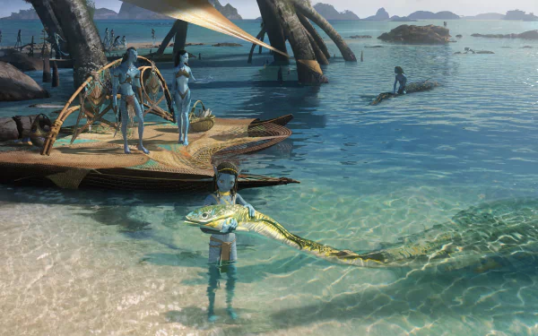 HD wallpaper featuring a scene from Avatar: The Way of Water with Na'vi characters near the water's edge, including a close-up of one with a colorful sea creature.