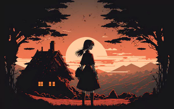 Anime-style girl stands silhouetted against a glowing sunset near a cozy cabin in this 4K Ultra HD AI art desktop wallpaper, blending warm tones with detailed scenery.