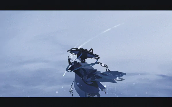 HD desktop wallpaper of Scaramouche from Genshin Impact, featuring the character in dark attire against a misty, ethereal background.