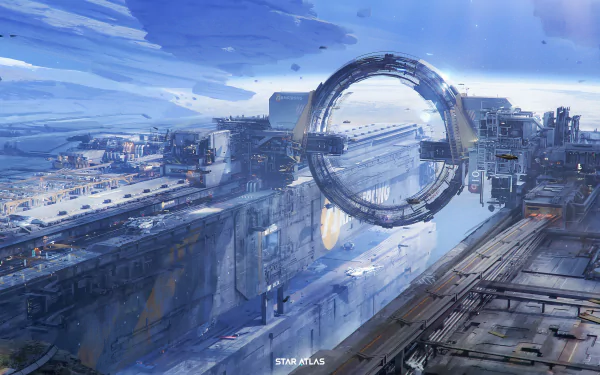 HD PC desktop wallpaper featuring a futuristic space station with a large circular structure, inspired by the video game Star Atlas.