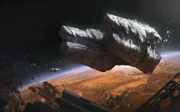 HD desktop wallpaper of a sci-fi themed spaceship soaring above a rugged alien landscape, highlighted by dramatic lighting and a star-strewn sky.