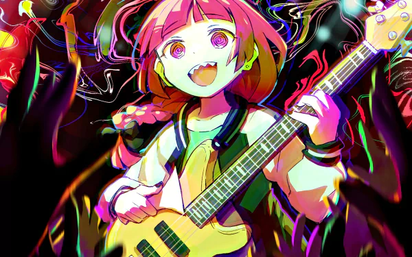 HD desktop wallpaper featuring Kikuri Hiroi from the anime Bocchi the Rock!. The vibrant image showcases Kikuri playing a guitar amidst colorful, dynamic lighting effects.