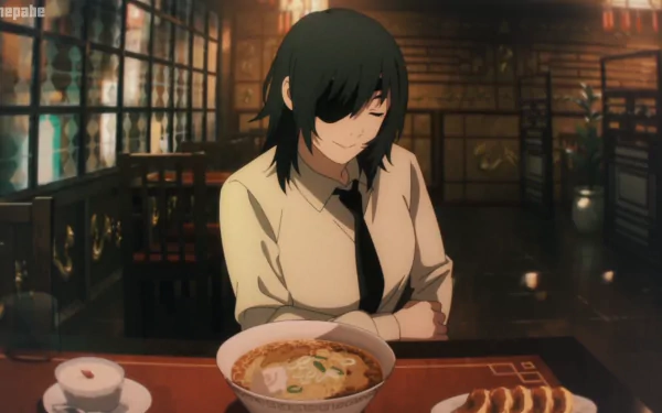 Himeno from Chainsaw Man seated in a dimly lit restaurant, enjoying ramen and gyoza — HD anime PC desktop wallpaper and background.