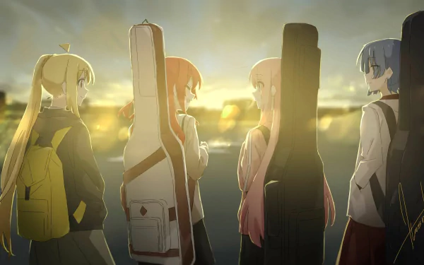 HD desktop wallpaper featuring Ryou Yamada, Hitori Gotou, Ikuyo Kita, and Nijika Ijichi from the anime Bocchi the Rock! standing with instrument cases at sunset.