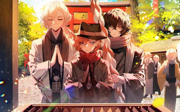 HD anime desktop wallpaper featuring Chuya Nakahara, Paul Verlaine, and Osamu Dazai from Bungo Stray Dogs at a vibrant shrine setting.