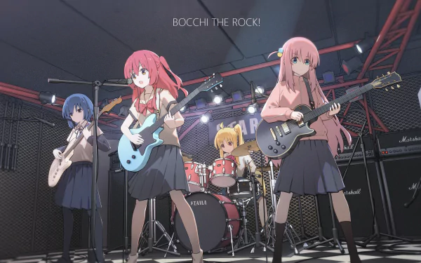 4K Ultra HD wallpaper featuring Hitori Gotou, Ikuyo Kita, Nijika Ijichi, and Ryou Yamada from the anime Bocchi the Rock! performing on stage with instruments.