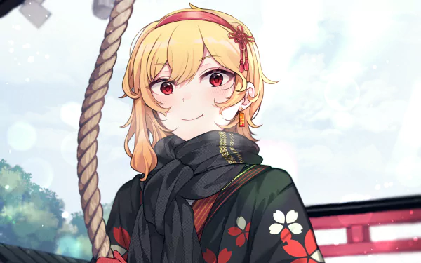 HD PC desktop wallpaper/background of hololive VTuber Kaela Kovalskia: anime portrait with blond hair, red eyes, floral kimono and black scarf before a snowy torii gate.