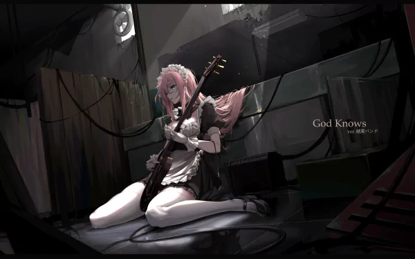4K Ultra HD anime wallpaper featuring Hitori Gotou from Bocchi the Rock! playing guitar in a dimly lit room with the text God Knows displayed.