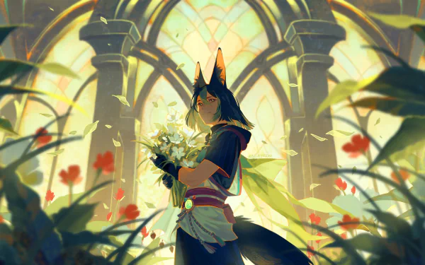 Tighnari (Genshin Impact) standing in a sunlit, cathedral-like greenhouse holding white flowers, fox ears and tail visible — 2K Quad HD PC desktop wallpaper/background, vibrant warm lighting.