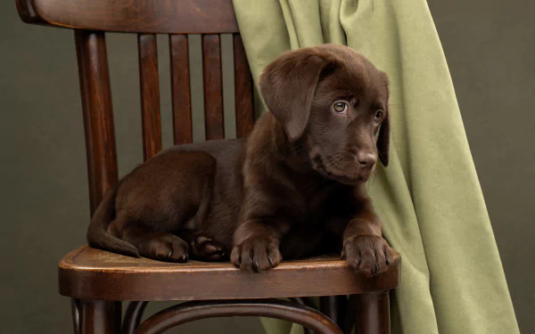 HD desktop wallpaper of a chocolate Labrador puppy resting on a wooden chair with a green drape in the background.
