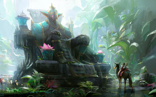 A majestic fantasy realm with towering deities gracing a high-definition desktop wallpaper.