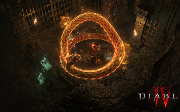 HD desktop wallpaper from Diablo IV featuring a dramatic battle scene with a hero casting a fiery magical spell in a gloomy dungeon setting.