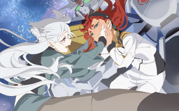 HD anime desktop wallpaper featuring Suletta Mercury and Miorine Rembran from Mobile Suit Gundam: The Witch from Mercury in a dynamic space scene.