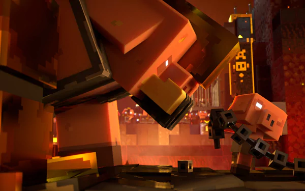HD PC desktop wallpaper featuring a close-up scene from the video game Minecraft Legends, showcasing blocky characters in an intense, fiery environment.