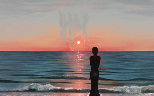 HD anime desktop wallpaper featuring Makima from Chainsaw Man standing at the ocean shore during a vibrant sunset.