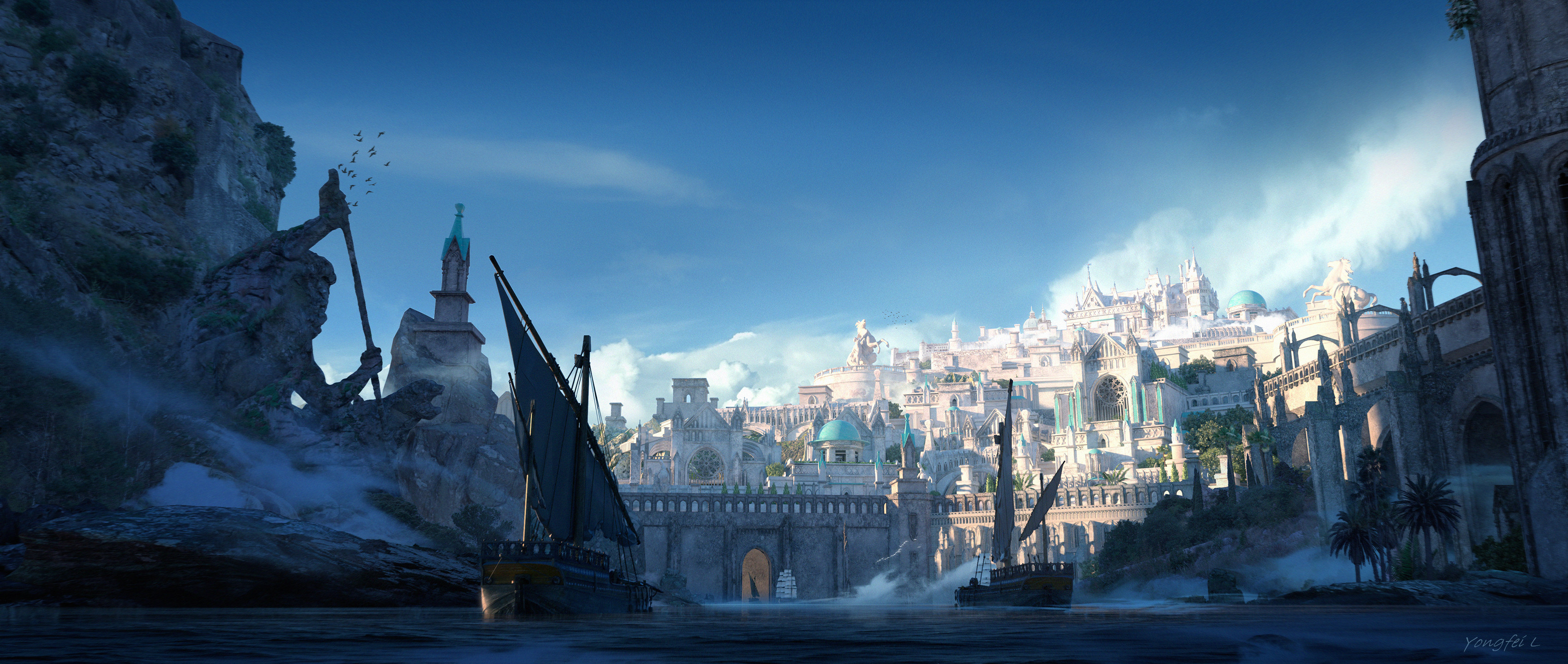 Enchanted Horizon: A Stunning Fantasy Cityscape HD Wallpaper by Yongfei Liu