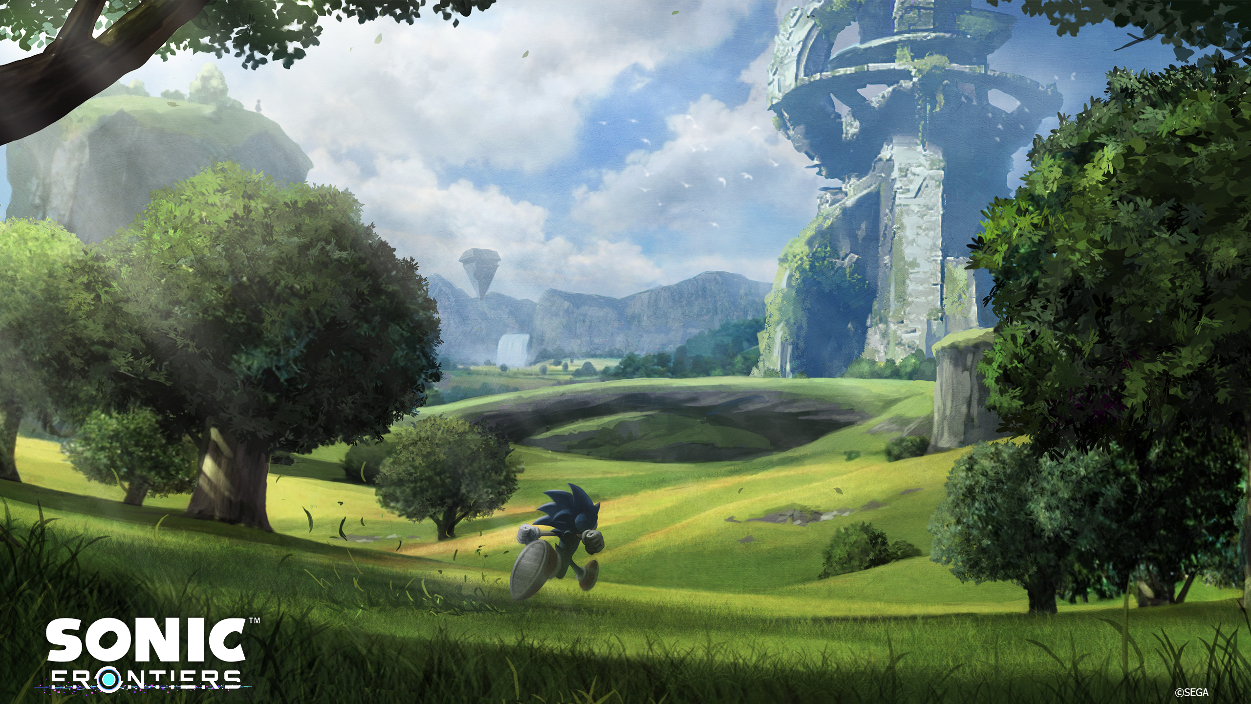 HD wallpaper featuring Sonic Frontiers with Sonic the Hedgehog in a lush green landscape for desktop background.