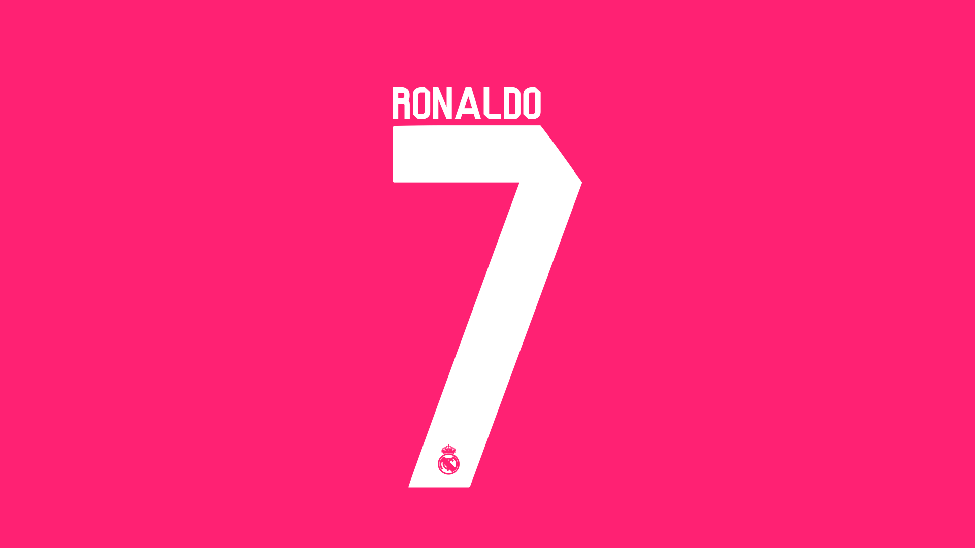 Cristiano Ronaldo's name and number 7 in bold white on a vibrant pink background, featuring the Real Madrid C.F. logo, in a 4K Ultra HD desktop wallpaper style.