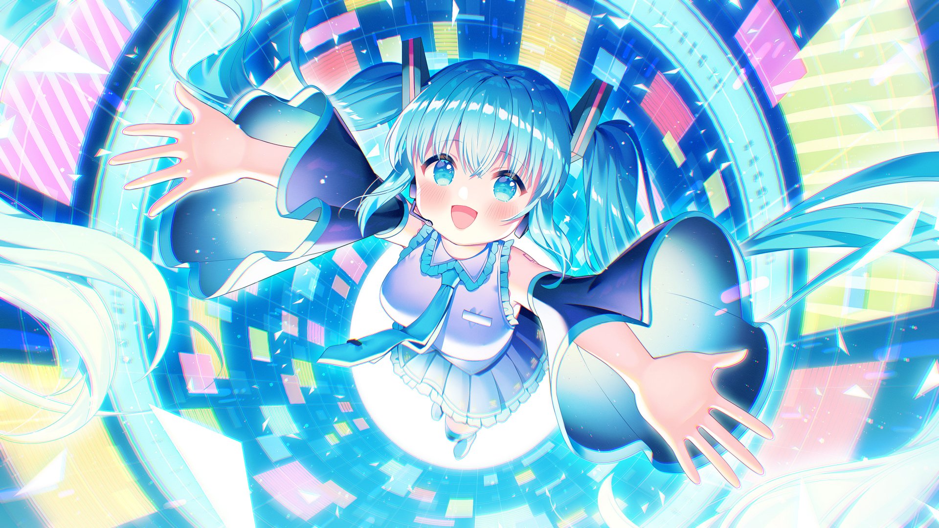 Bright HD desktop wallpaper featuring Hatsune Miku reaching forward with a vibrant, futuristic anime-style background, showcasing the iconic Vocaloid character.