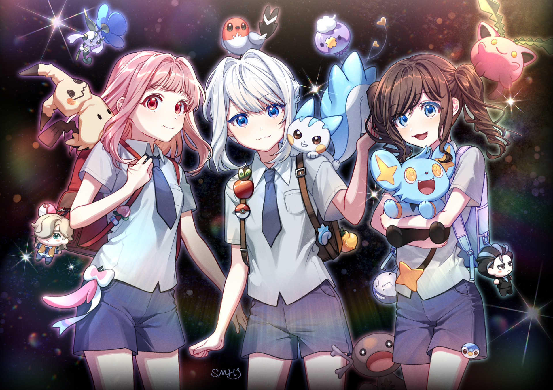 2K Quad HD PC desktop wallpaper for Pokémon: Scarlet and Violet — three school-uniform trainers surrounded by various Pokémon, one holding a Poké Ball against a colorful, starry background.
