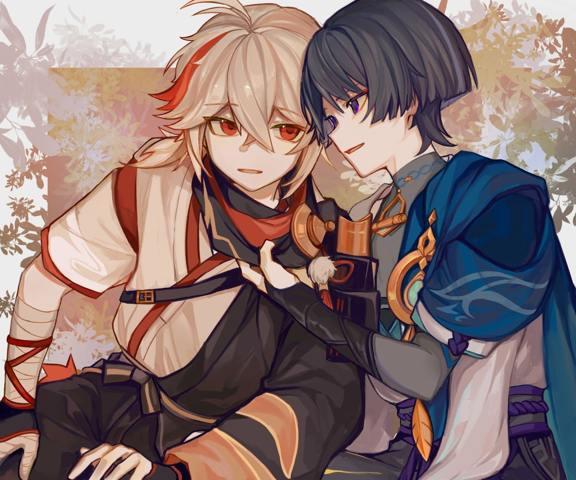 HD PC wallpaper of Genshin Impact's Scaramouche and Kaedehara Kazuha close together amid a soft floral backdrop, expressive faces and detailed outfits.