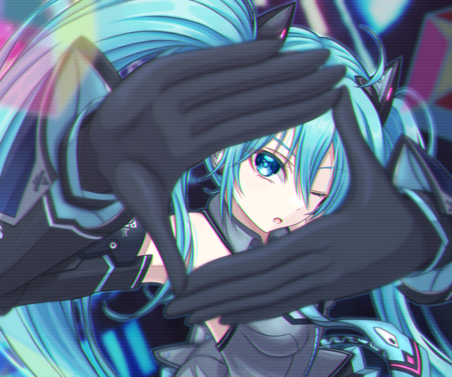 Hatsune Miku anime Vocaloid in HD PC desktop wallpaper: teal-haired Miku winks as gloved hands frame her face against a vibrant background.