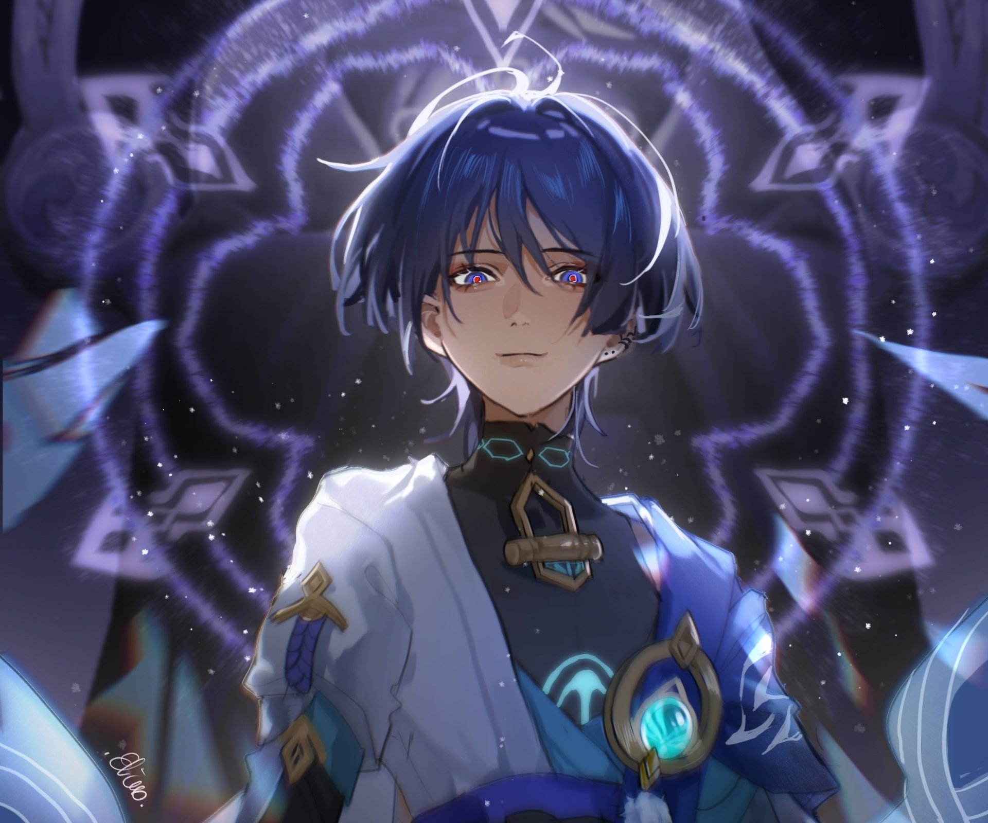 Scaramouche from Genshin Impact — moody portrait with glowing purple lightning, detailed HD PC desktop wallpaper and background, video game artwork.