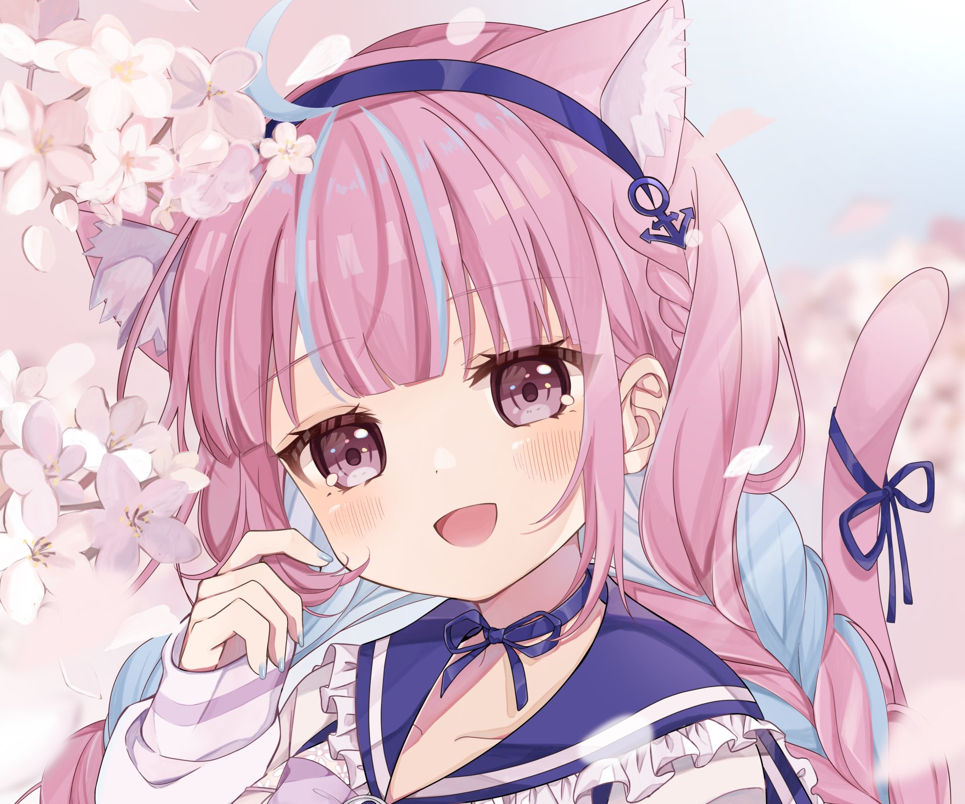 2K Quad HD PC desktop wallpaper: hololive Virtual YouTuber Minato Aqua as an anime portrait — pink twin‑tailed hair, sailor outfit, cherry blossoms and a cheerful smile.