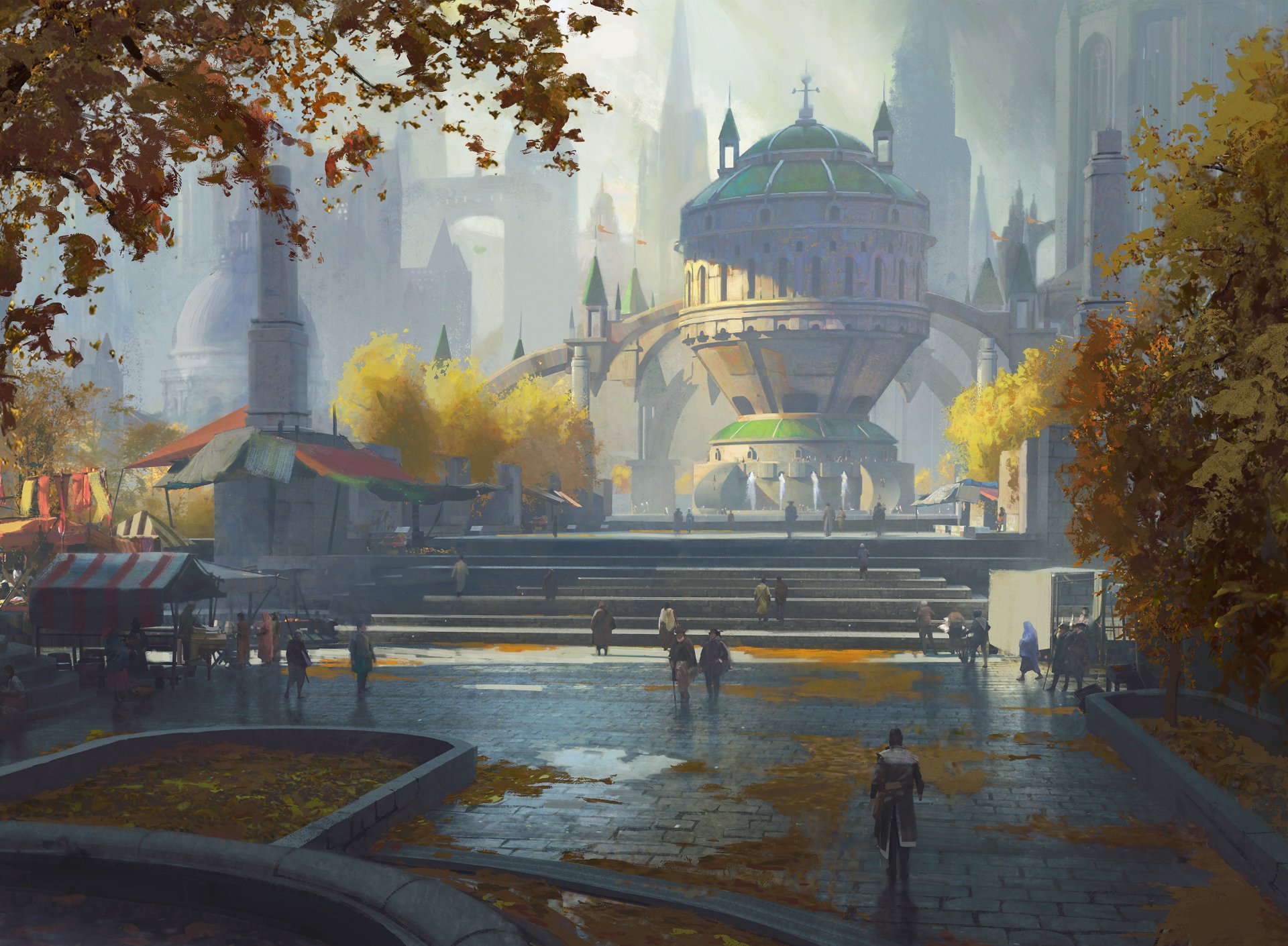 Fantasy cityscape: domed palace, soaring spires and tree-lined plaza with figures by reflective pools — 2K Quad HD PC desktop wallpaper and background.