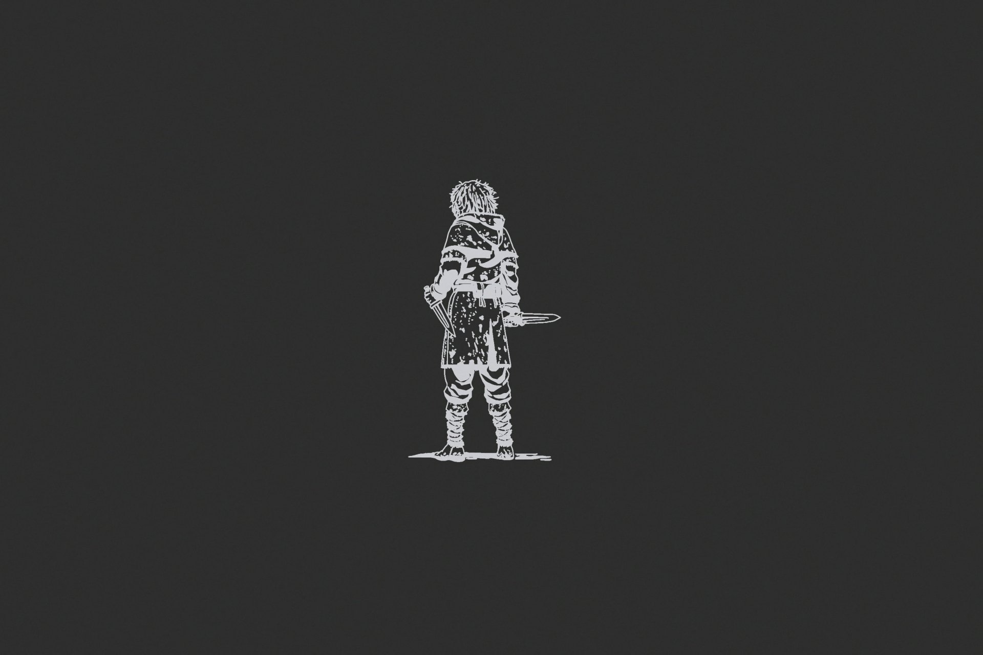 HD PC wallpaper featuring Thorfinn from the anime Vinland Saga, depicted in a minimalist, monochrome style on a dark background.