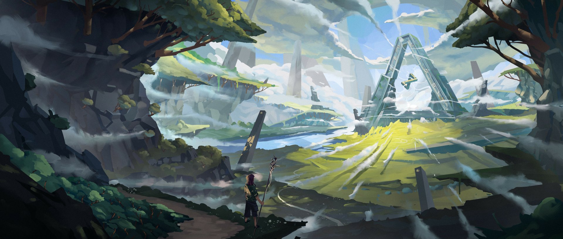 Fantasy landscape: a lone traveler gazes at a glowing triangular portal on a sunlit plateau amid floating islands and ancient ruins — 2K Quad HD PC desktop wallpaper/background.