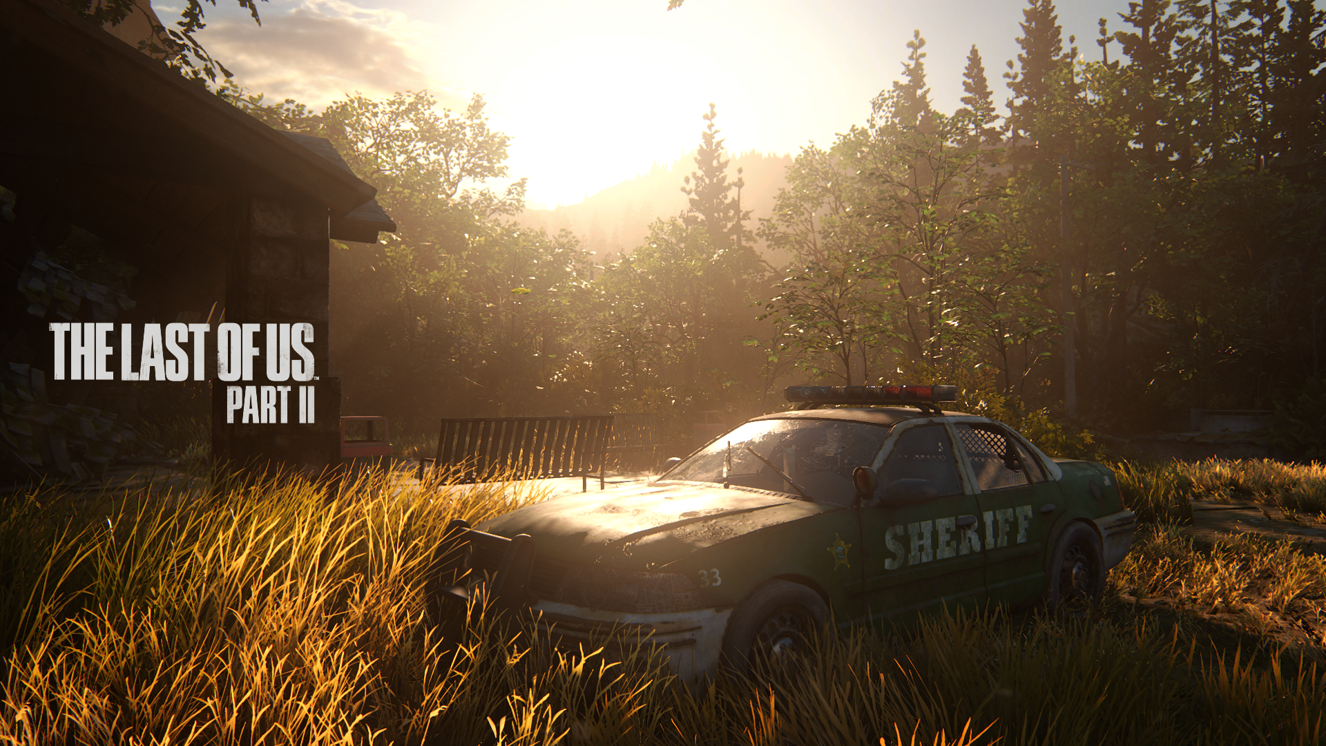 HD PC desktop wallpaper from the video game The Last of Us Part II: sunlit, overgrown sheriff cruiser in tall grass by a cabin with forested hills at golden hour.