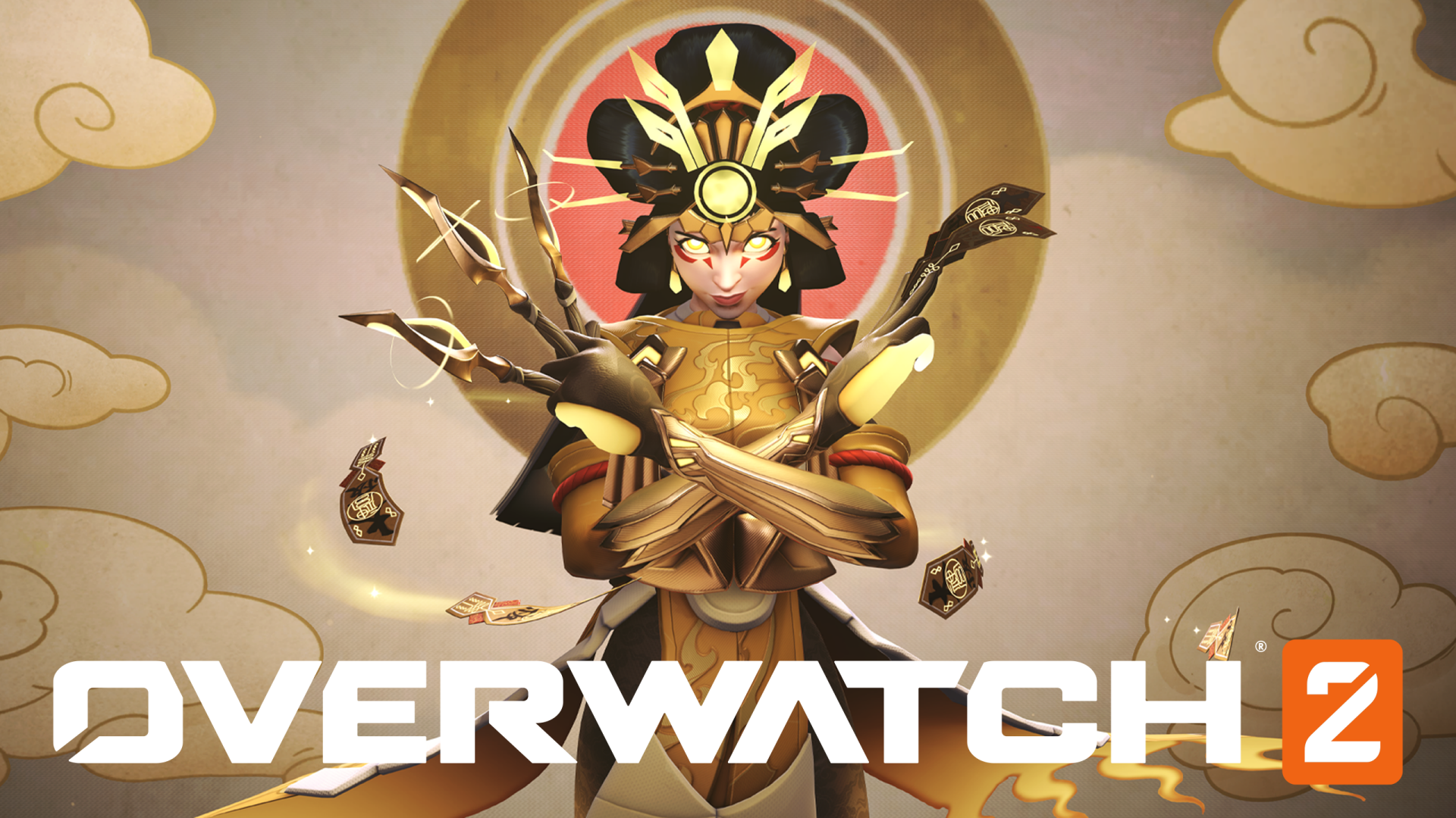 HD desktop wallpaper of a character from Overwatch 2, featuring a golden-armored figure with multiple arms, floating books, and a serene backdrop.
