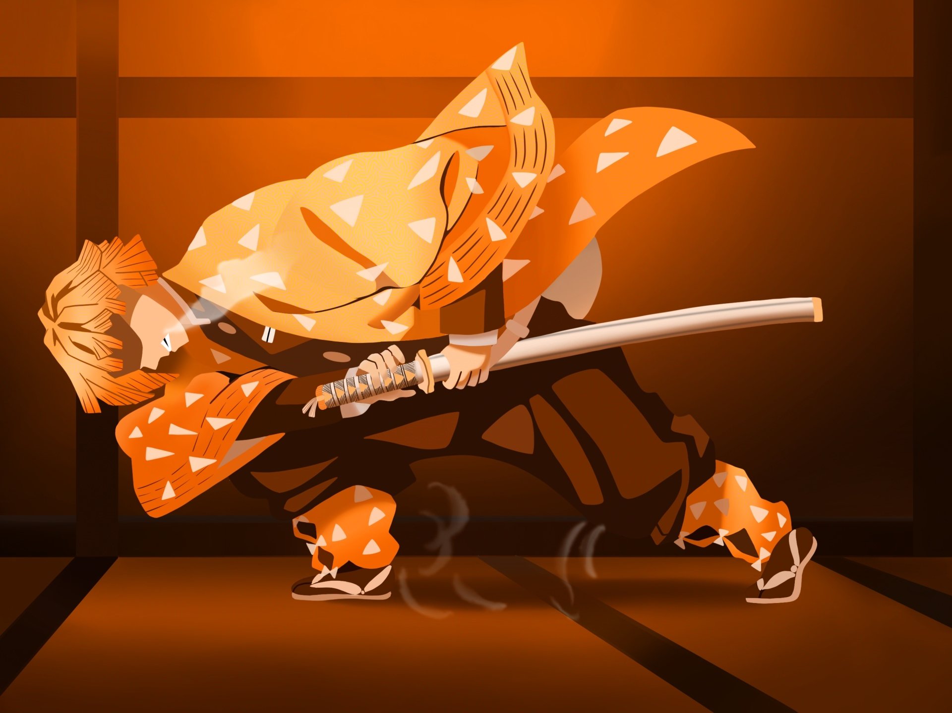 HD desktop wallpaper of Zenitsu Agatsuma from Demon Slayer: Kimetsu no Yaiba in an action pose with his signature orange and yellow gradient haori.