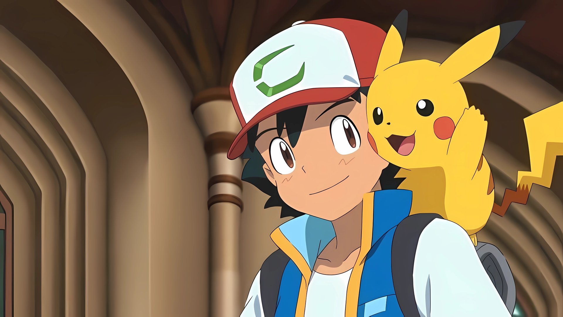 Ash Ketchum with Pikachu on his shoulder from Pokémon the Movie: Secrets of the Jungle, depicted in vibrant anime style for an 8K Ultra HD PC wallpaper.