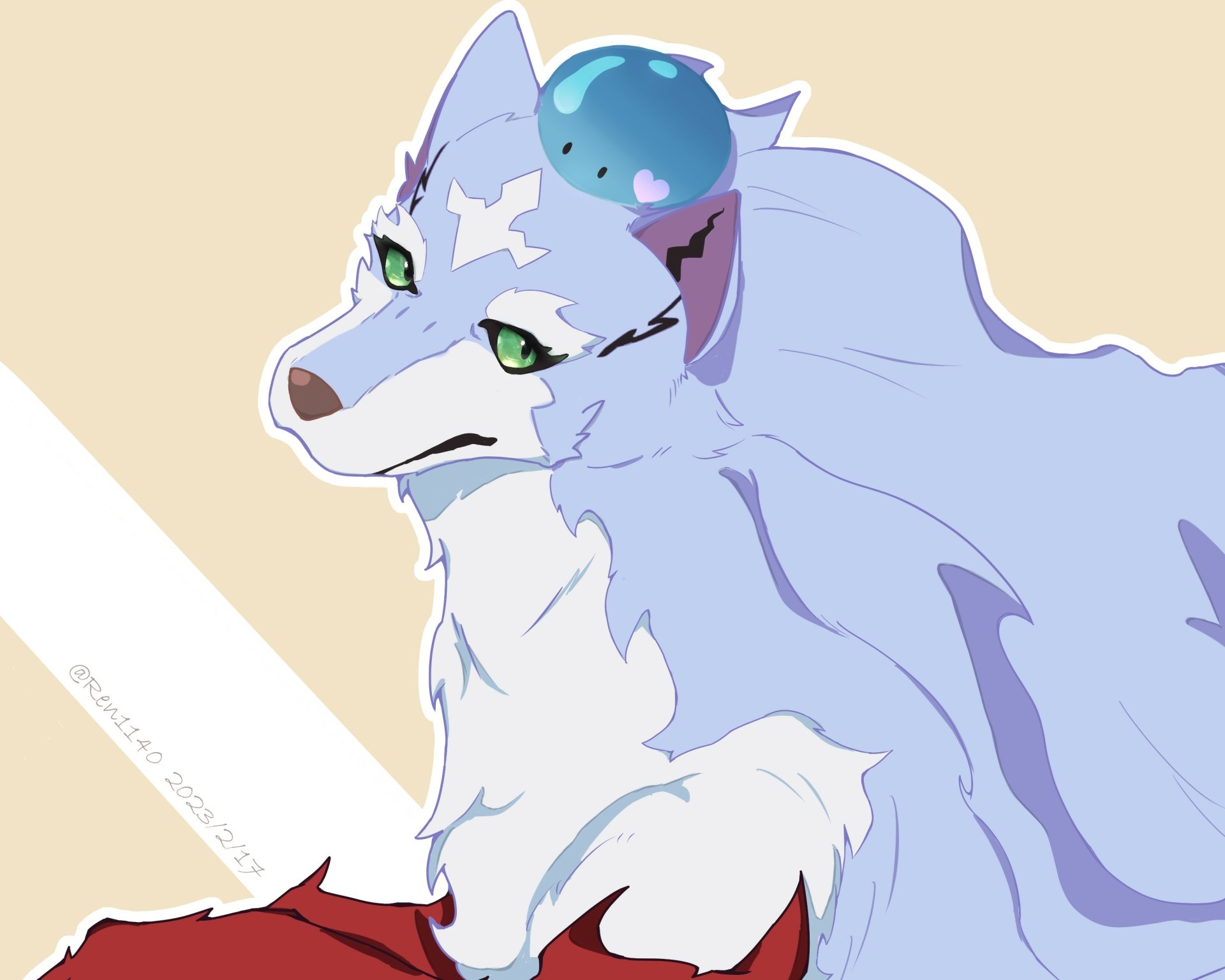 2K Quad HD anime desktop wallpaper of Sui with Fel from Campfire Cooking in Another World with my Absurd Skill: a pastel-lilac, wolf-like Sui with green eyes and a tiny blue Fel slime atop her head.