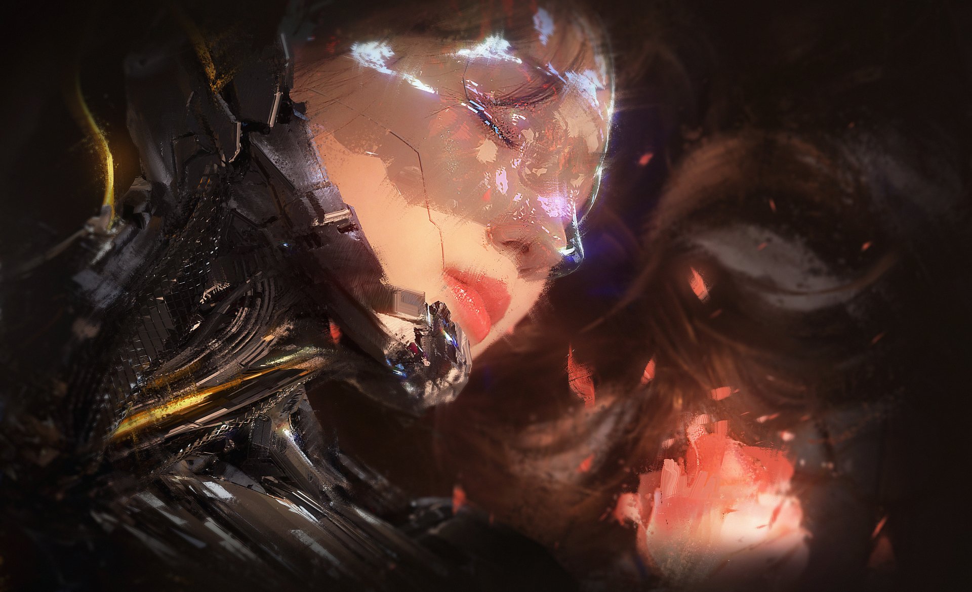 Sci-fi cyborg close-up: a human face merged with chrome implants, neon reflections and smoky atmosphere, rendered as a 4K Ultra HD PC desktop wallpaper background.