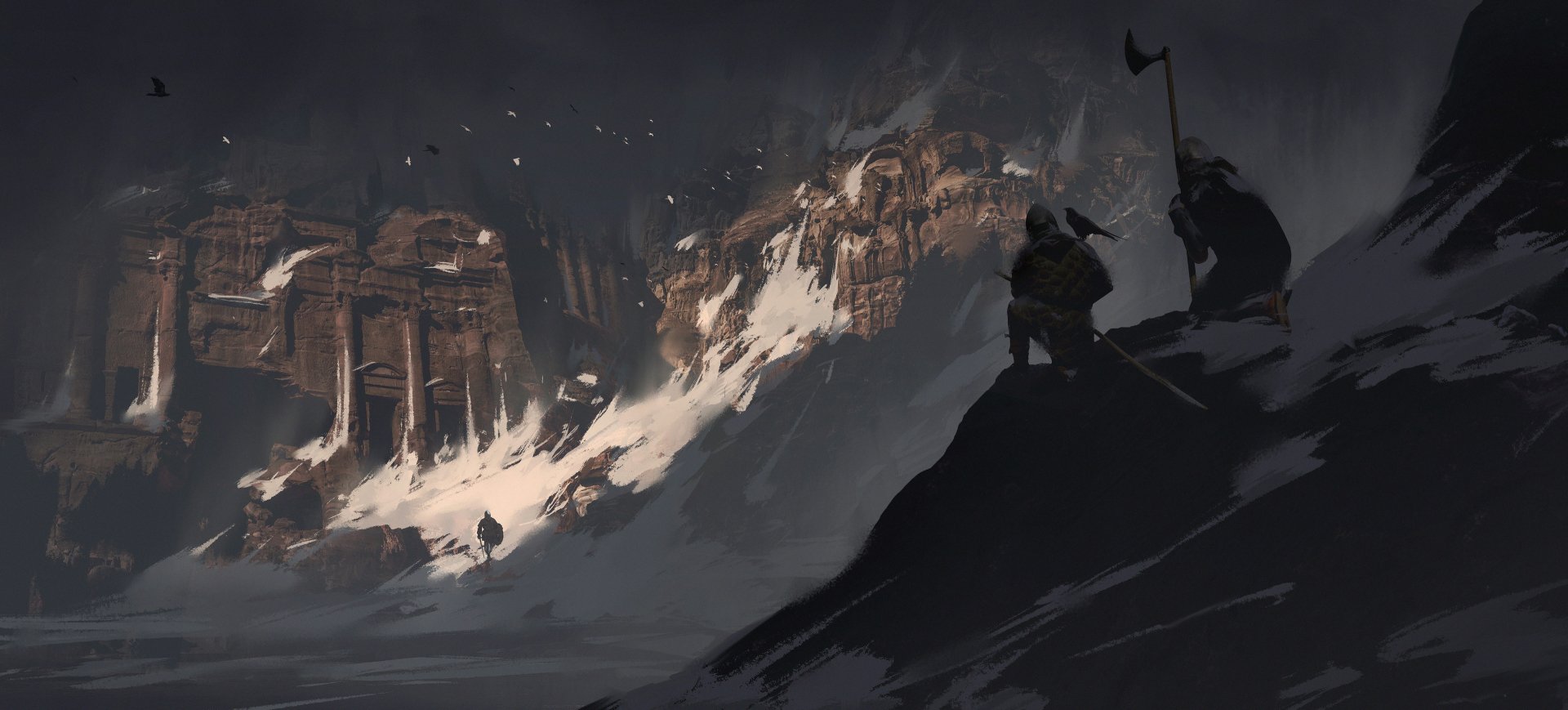 2K Quad HD PC desktop wallpaper: fantasy warrior scene — silhouetted warriors on a snowy ridge eye a ravaged fortress beneath a stormy sky.