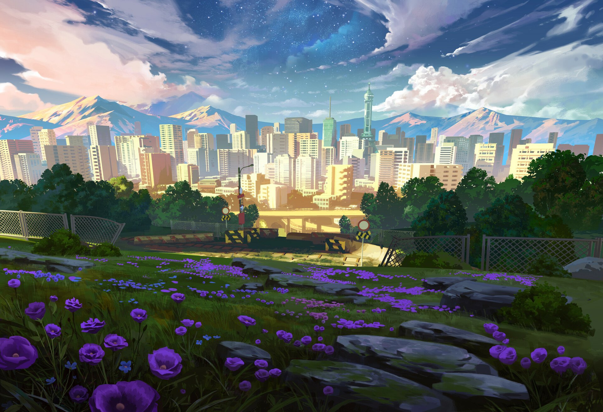 Video game League of Legends HD PC desktop wallpaper: a meadow of purple flowers and rocks overlooking a sunlit city skyline, distant mountains and a dramatic sky.