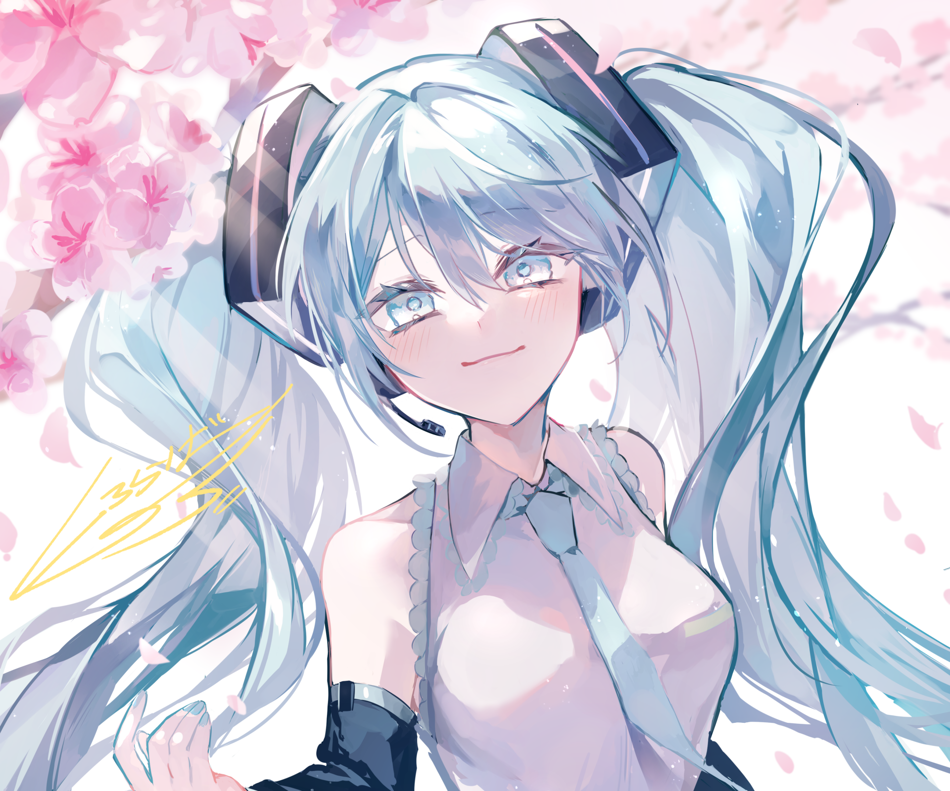 HD anime desktop wallpaper featuring Hatsune Miku, the iconic Vocaloid, with flowing turquoise twin-tails and a soft pink cherry blossom background.