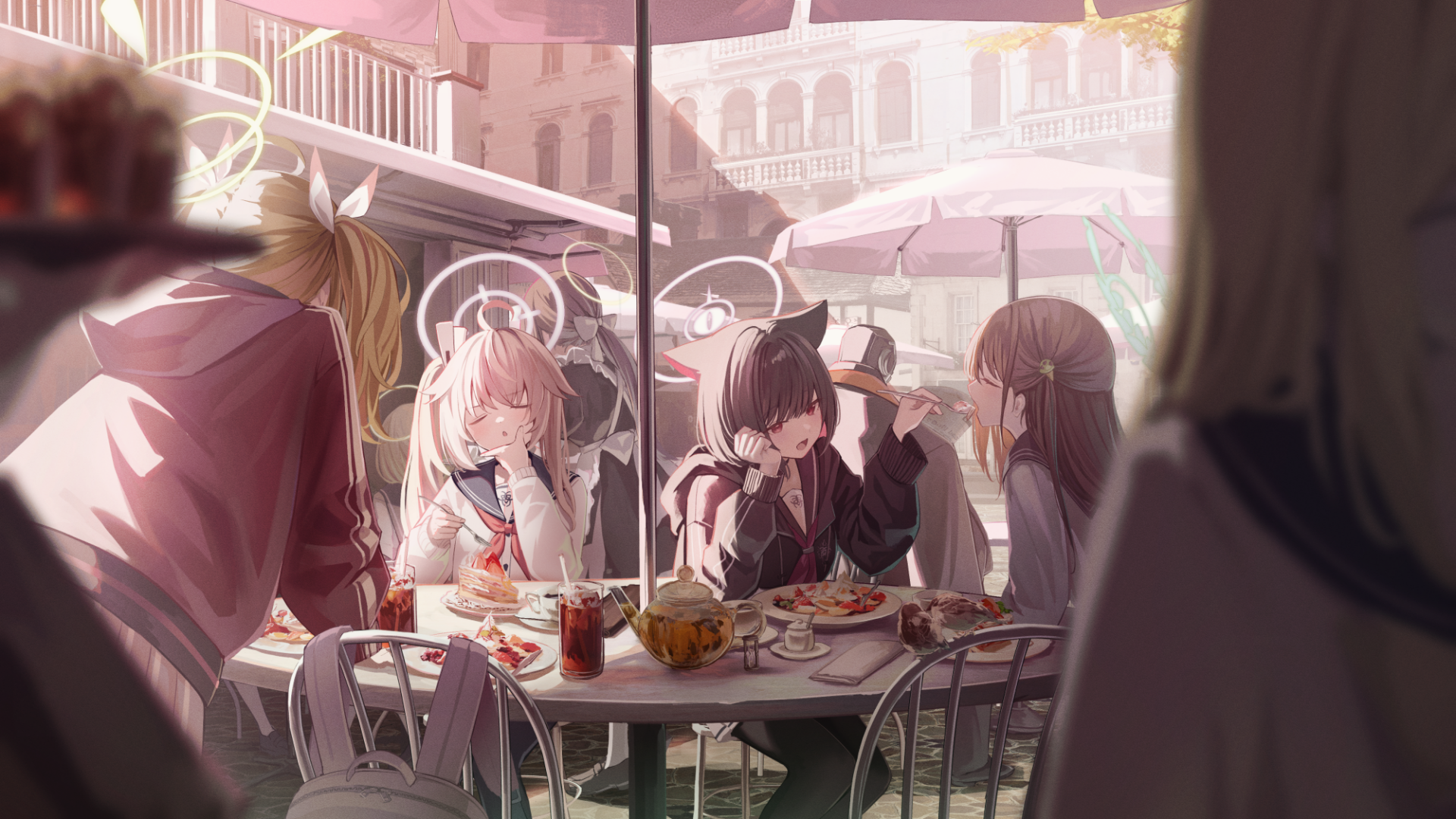 HD PC desktop wallpaper featuring characters from the video game Blue Archive enjoying a meal together at an outdoor café in warm, soft lighting.