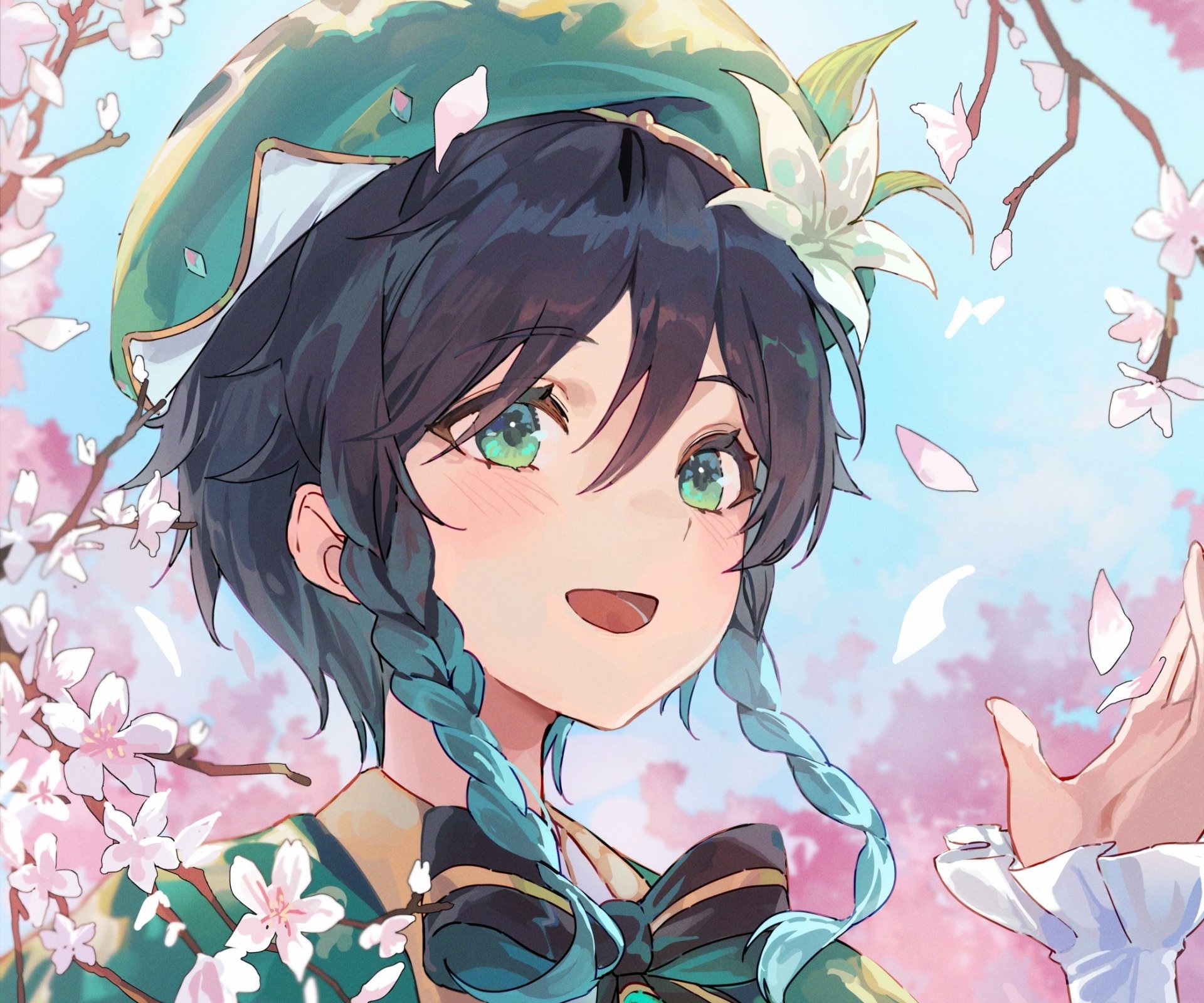Venti (Genshin Impact) from the video game, smiling amid cherry blossoms — vibrant HD PC desktop wallpaper background with a soft pastel sky.