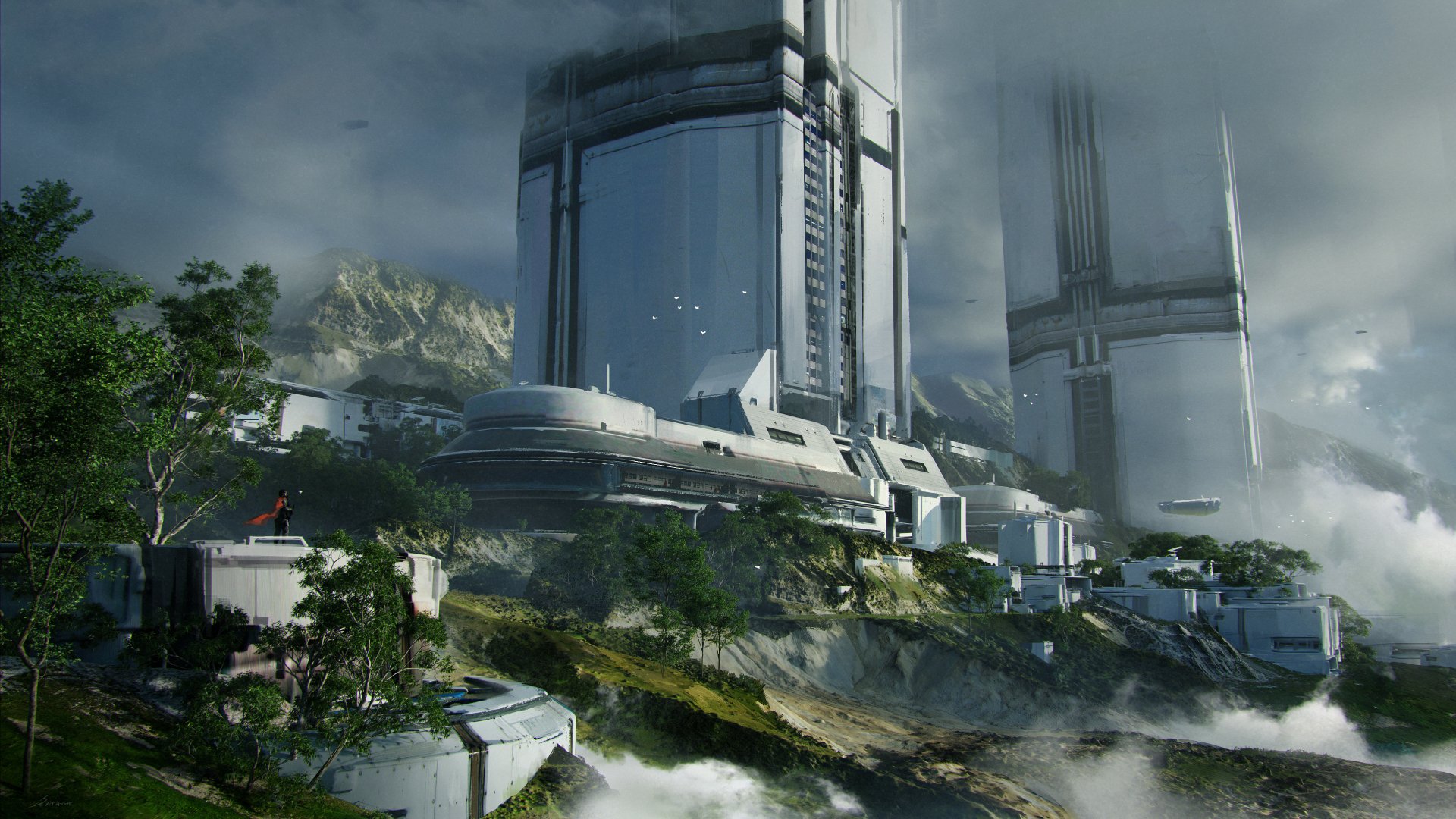 Sci-fi building complex on misty cliffs with terraces and connecting walkways — 4K Ultra HD PC desktop wallpaper and background.