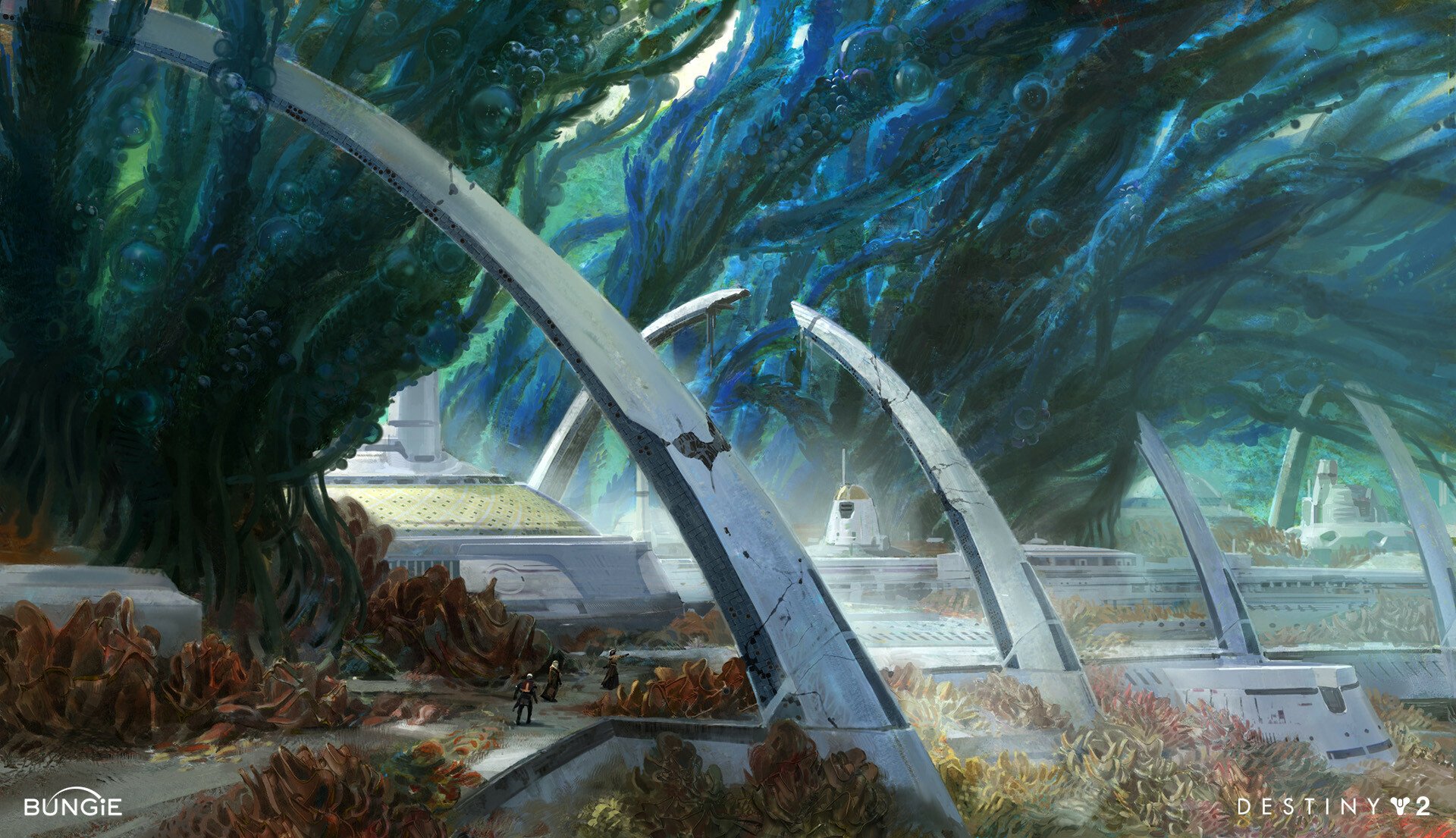 HD PC desktop wallpaper featuring a lush, futuristic landscape from the video game Destiny 2, showcasing towering arches and vibrant, dense foliage.