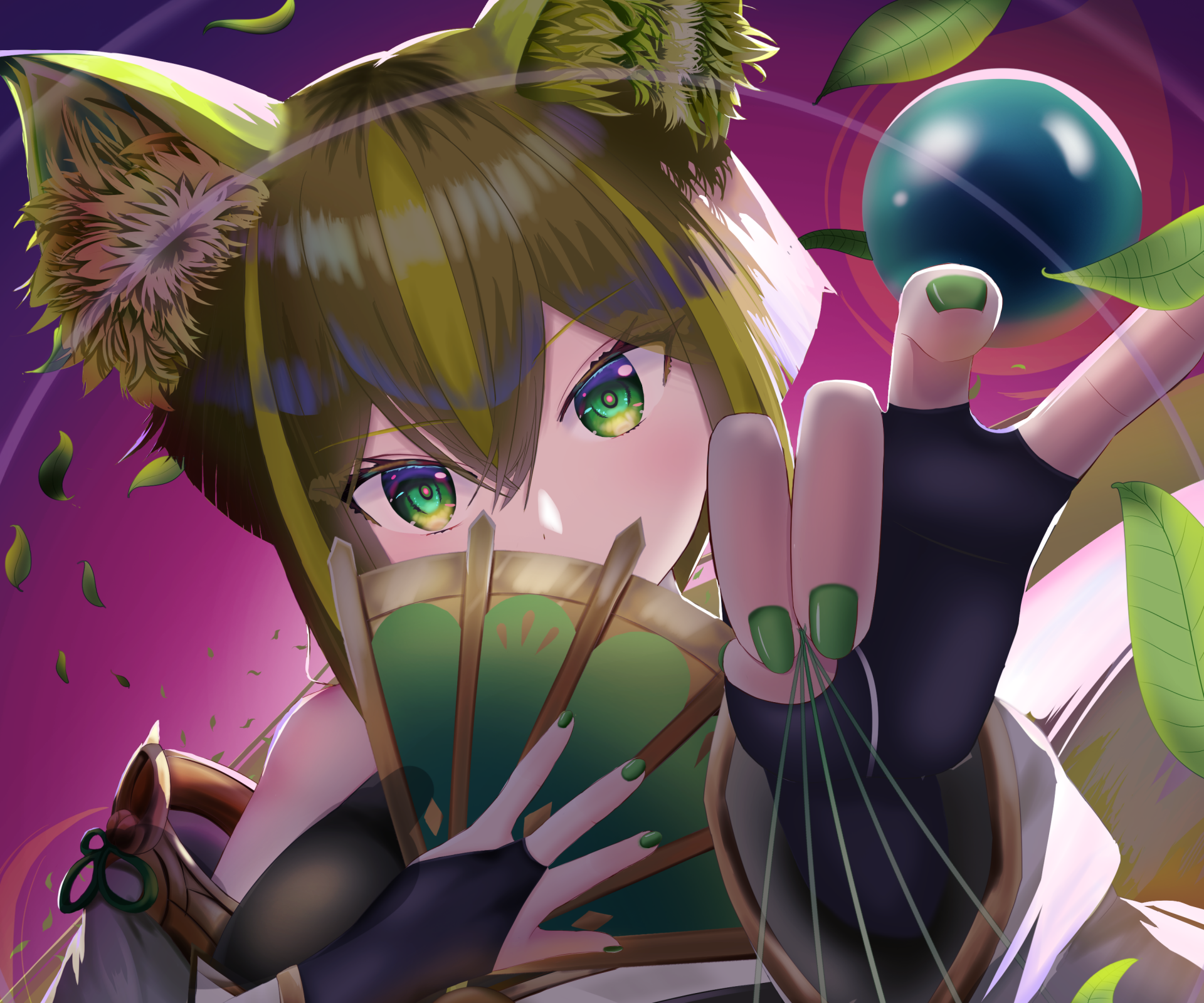 HD anime desktop wallpaper featuring a close-up of a character with green eyes, bear ears, and green nails, set against a vibrant pink background, inspired by Yu-Gi-Oh! themes.