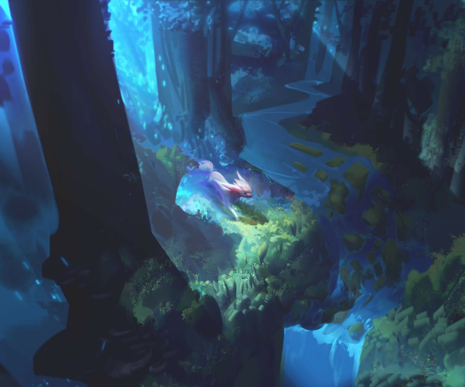 Glowing fantasy animal curled on a mossy ledge in a bioluminescent blue cavern — vivid HD PC desktop wallpaper background.