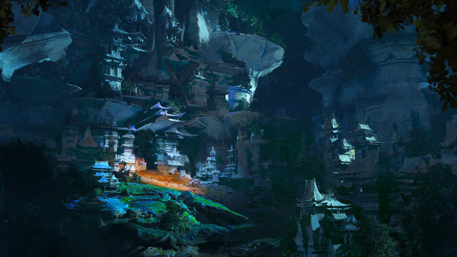 Fantasy cityscape with glowing structures nestled within a mystical, cavernous environment, rendered in high definition for a PC desktop wallpaper.